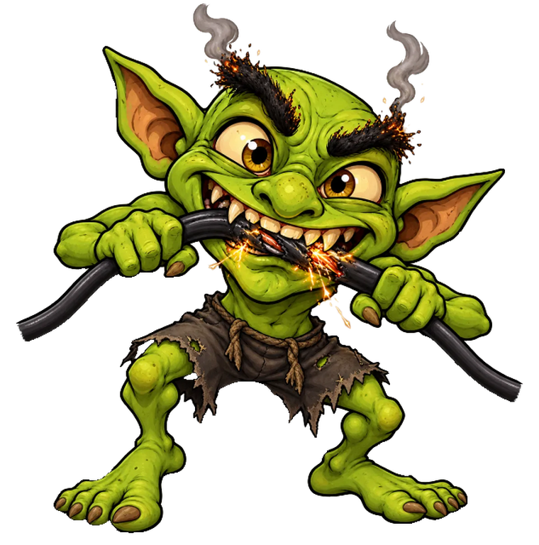 Wattage Goblin crouched barefoot, chewing a sparking black cable with smoking eyebrows
