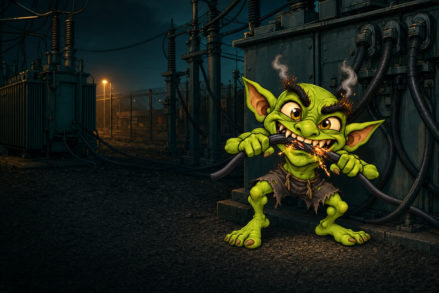 Wattage Goblin biting a sparking black cable beside a transformer in a substation at night